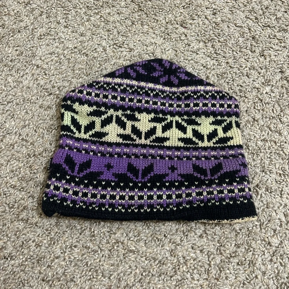 Smiley Purple, Black & Cream Patterned Knit Beanie Pure Wool Cotton Spandex USA